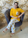 Yellow Flower Printed Pocket Half Sleeves Shirt and White Flower Printed Trouser Night Wear