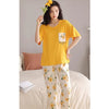 Yellow Flower Printed Pocket Half Sleeves Shirt and White Flower Printed Trouser Night Wear