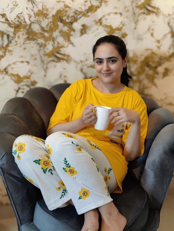 Yellow Flower Printed Pocket Half Sleeves Shirt and White Flower Printed Trouser Night Wear