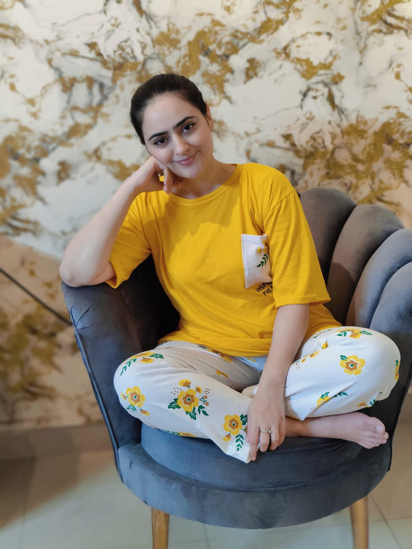 Yellow Flower Printed Pocket Half Sleeves Shirt and White Flower Printed Trouser Night Wear