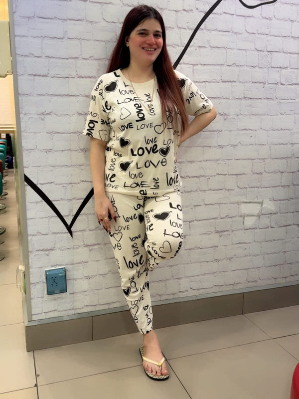White Love Printed Shirt And Trouser