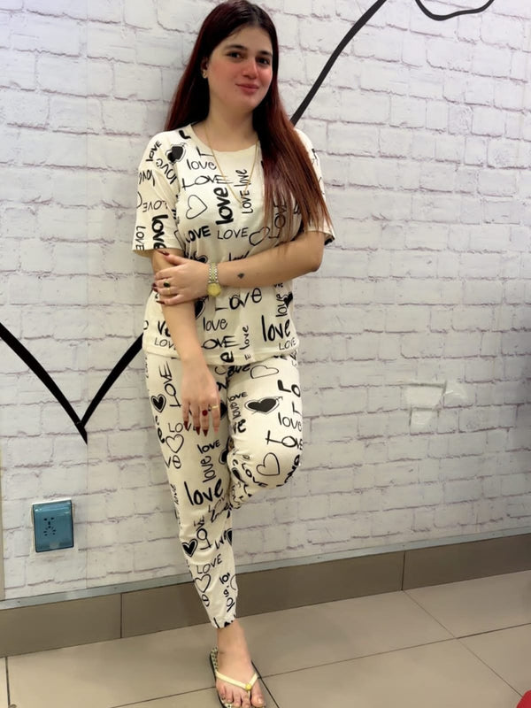 White Love Printed Shirt And Trouser